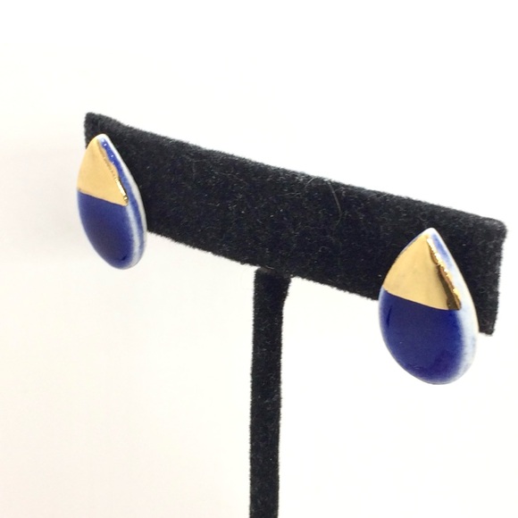 3/$30 PORCELAIN GOLD DIP BLUE GLAZE TEARDROP STUD EARRINGS STERLING SILVER PETAL - Picture 9 of 16